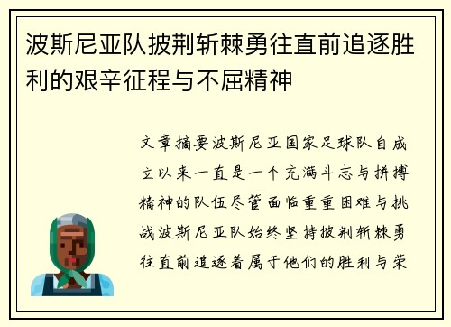 波斯尼亚队披荆斩棘勇往直前追逐胜利的艰辛征程与不屈精神