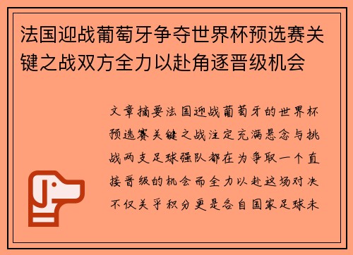 法国迎战葡萄牙争夺世界杯预选赛关键之战双方全力以赴角逐晋级机会