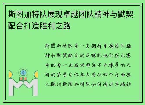 斯图加特队展现卓越团队精神与默契配合打造胜利之路