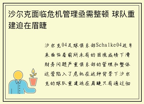 沙尔克面临危机管理亟需整顿 球队重建迫在眉睫
