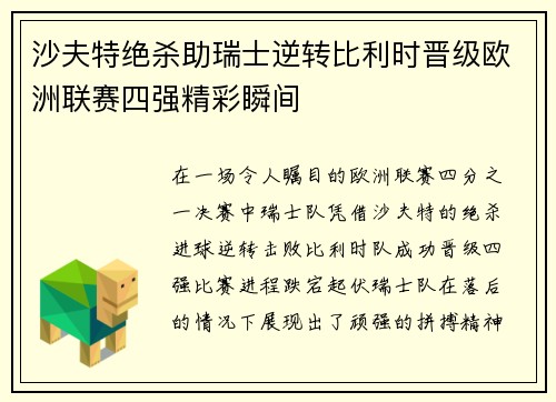 沙夫特绝杀助瑞士逆转比利时晋级欧洲联赛四强精彩瞬间